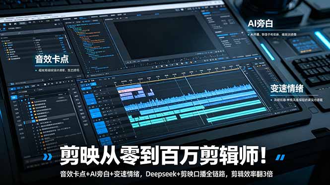 剪映从零到百万剪辑师!音效卡点+AI旁白+变速情绪,Deepseek+剪映口播全链路,剪辑效率翻3倍-迦哆网创社