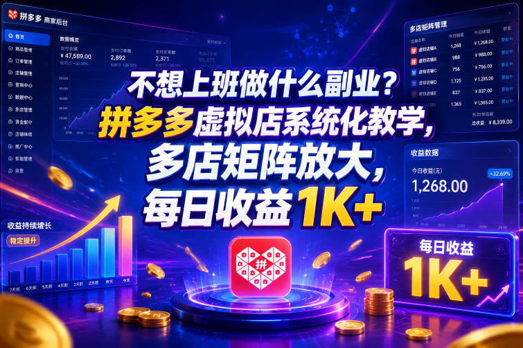 不想上班做什么副业?拼多多虚拟店系统化教学,多店矩阵放大,每日收益1K+【揭秘】-迦哆网创社