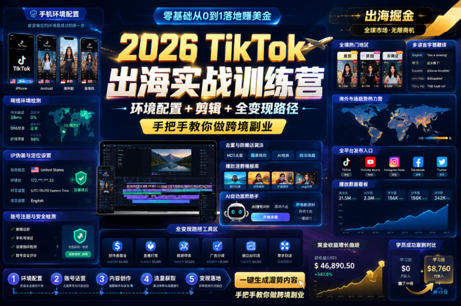 2026 TikTok出海实战训练营，环境配置 + 剪辑 + 全变现路径，手把手教你做跨境副业-迦哆网创社