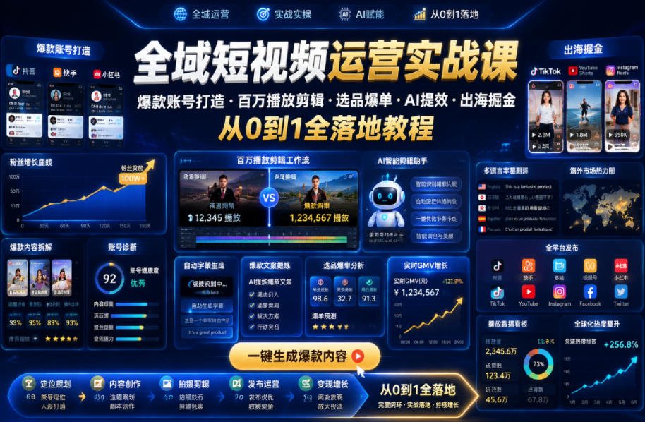 全域短视频运营实战课，爆款账号打造・百万播放剪辑・选品爆单・AI提效・出海掘金，从0到1全落地教程-迦哆网创社