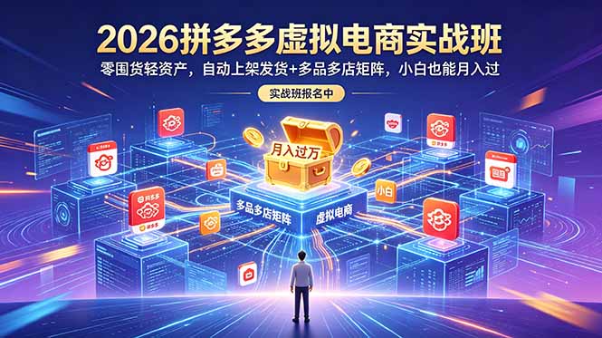2026拼多多虚拟电商实战班:零囤货轻资产,自动上架发货+多品多店矩阵,小白也能月入过万-迦哆网创社