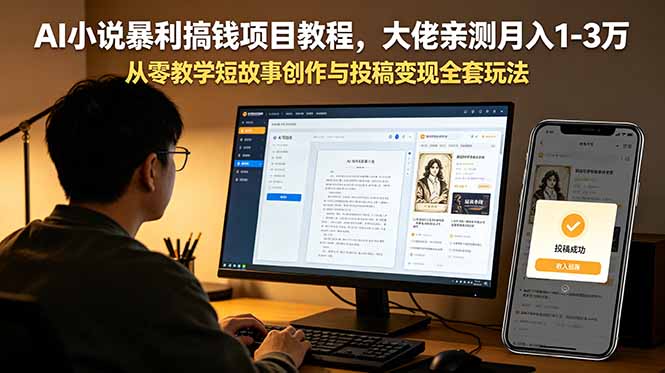 AI小说暴利搞钱项目教程,大佬亲测月入1-3万,从零教学短故事创作与投稿变现全套玩法-迦哆网创社