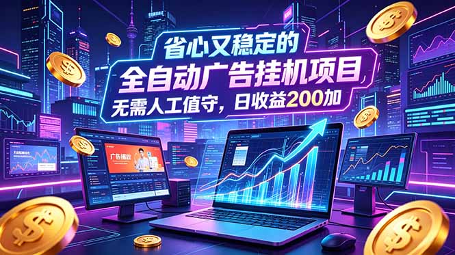 全自动广告挂机项目,全程无需人工值守。稳定创收每日收益200+-迦哆网创社