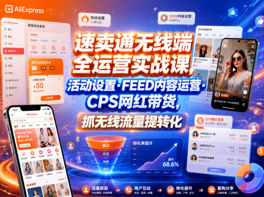 速卖通无线端全运营实战课,活动设置・FEED内容运营・CPS网红带货,抓无线流量提转化-迦哆网创社