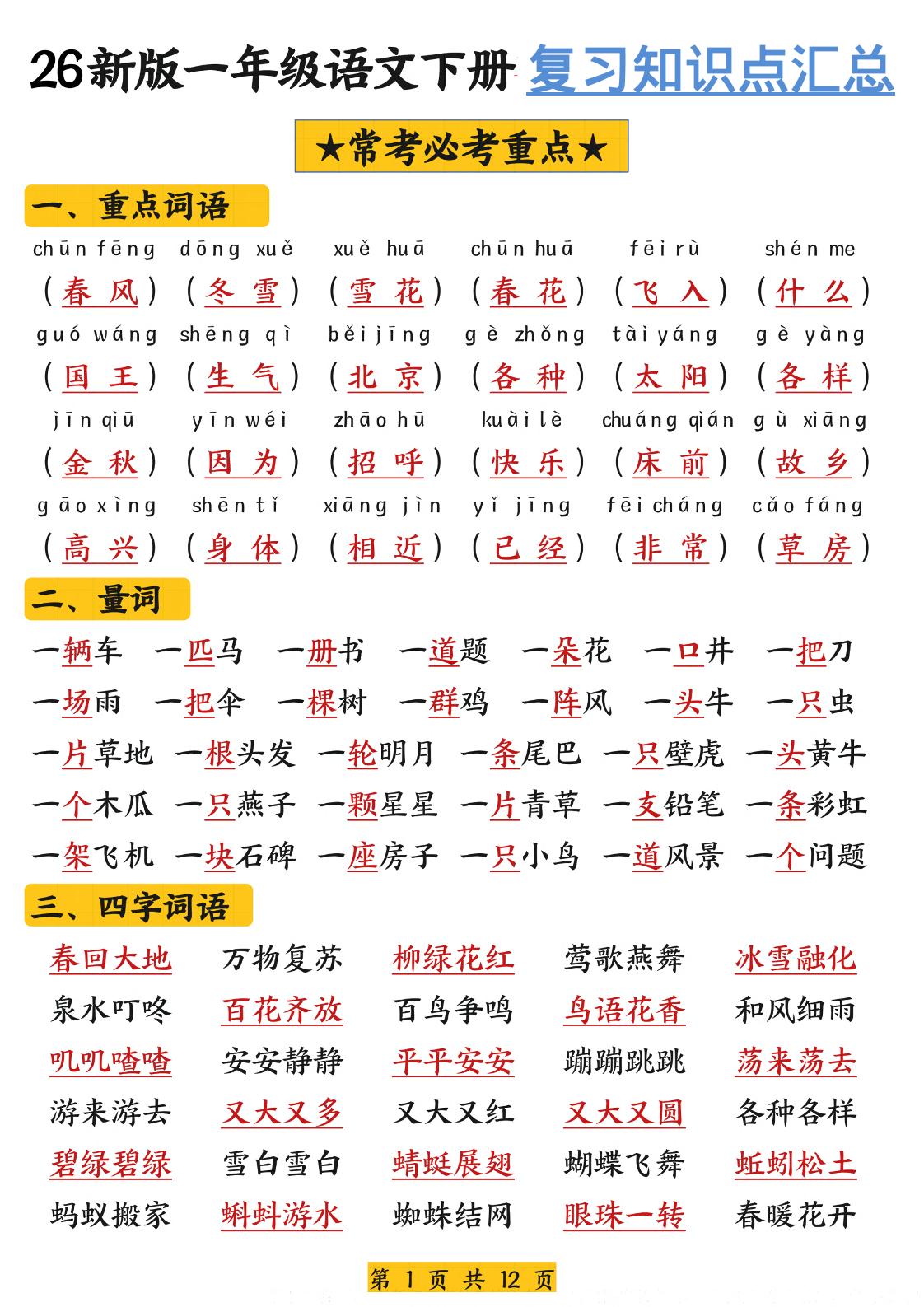 26春一年级下语文期末复习高频考点知识汇总-迦哆网创社
