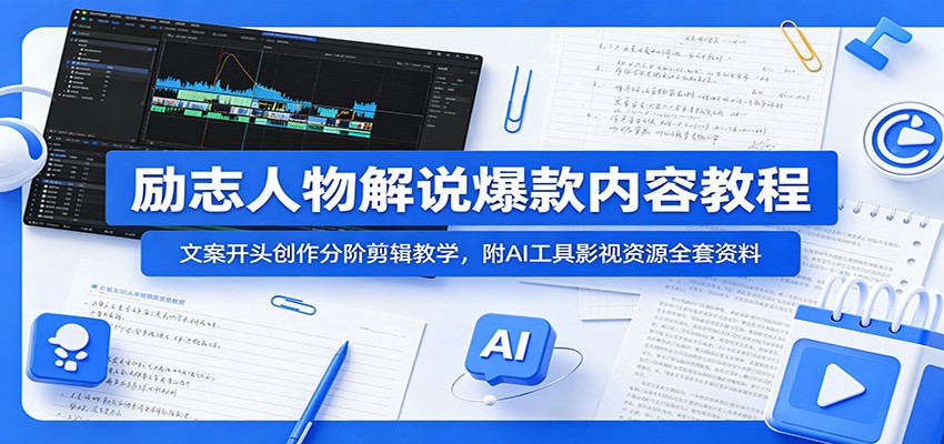 励志人物解说爆款内容教程：文案开头创作分阶剪辑教学，附AI 工具影视资源全套资料-迦哆网创社