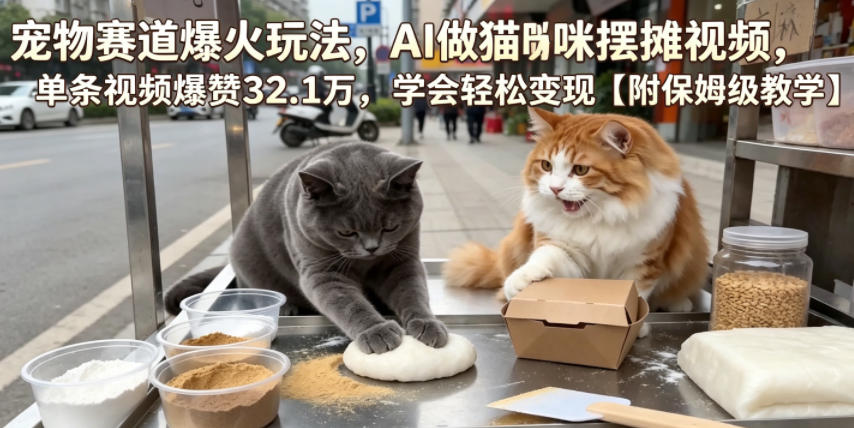 宠物赛道爆火玩法，AI做猫咪摆摊视频，单条视频爆赞32.1万，学会轻松变现【附保姆级教学】-迦哆网创社