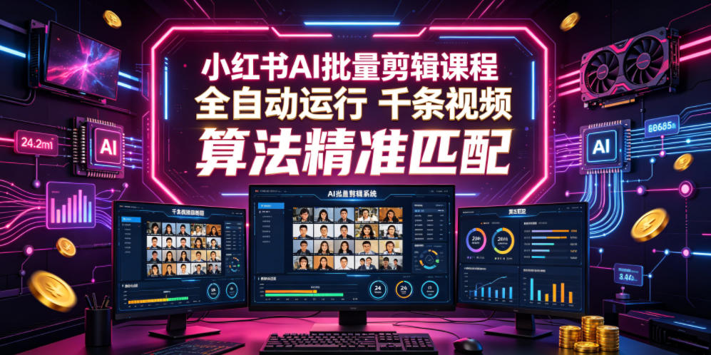 小红书AI批量剪辑课程,24小时全自动运行,解放双手专注运营,千条视频批量处理,小红书算法精准匹配-迦哆网创社