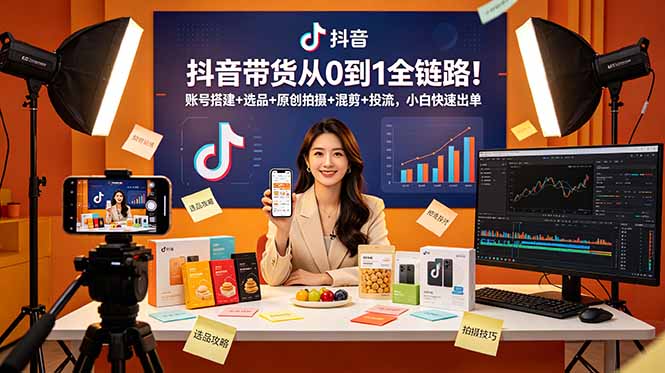 抖音带货从0到1全链路！账号搭建+选品+原创拍摄+混剪+投流，小白快速出单-迦哆网创社