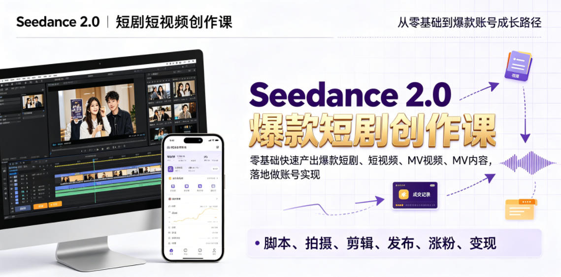 Seedance 2.0短剧短视频创作课,零基础快速产出爆款短剧、短视频、MV内容,落地做账号实现变现-迦哆网创社