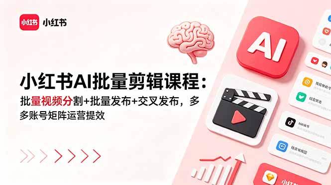小红书AI批量剪辑课程：批量视频分割+批量发布+交叉发布，多账号矩阵运营提效-迦哆网创社