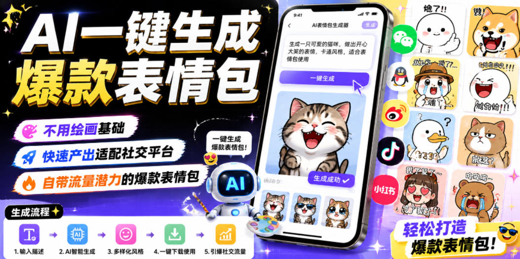 AI一键生成爆款表情包，不用绘画基础，快速产出适配社交平台，自带流量潜力的爆款表情包-迦哆网创社