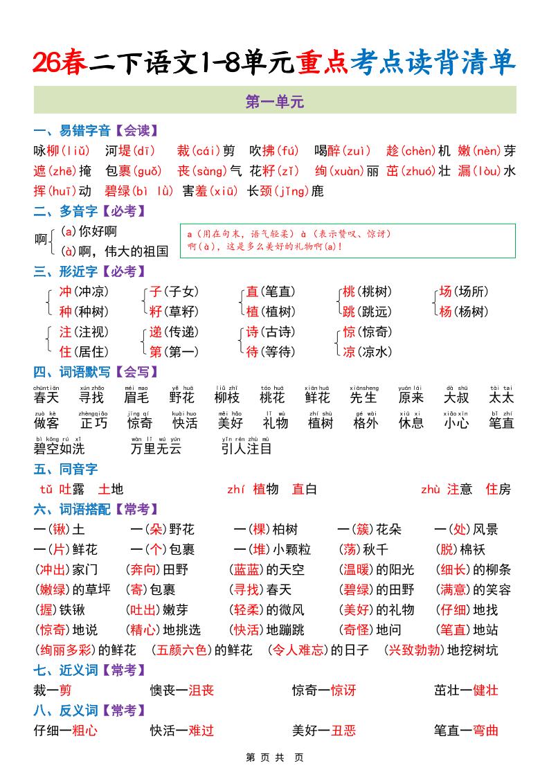 二年级下语文期末复习1-8单元重点考点读背清单-迦哆网创社