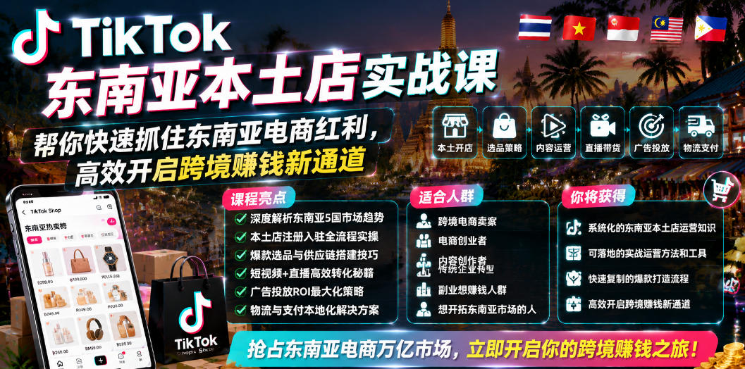 TikTok东南亚本土店实战课，帮你快速抓住东南亚电商红利，高效开启跨境賺钱新通道-迦哆网创社