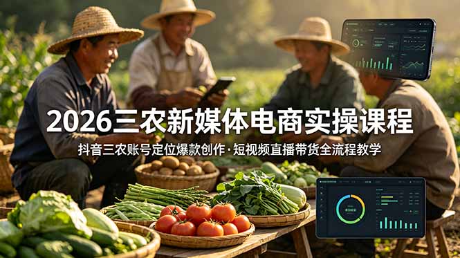 2026三农新媒体电商实操课程：抖音三农账号定位爆款创作，短视频直播带货全流程教学-迦哆网创社