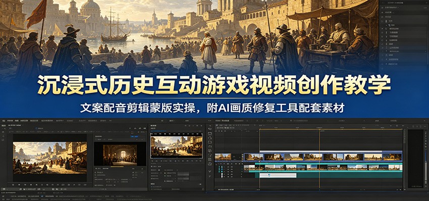沉浸式历史互动游戏视频创作教学：文案配音剪辑蒙版实操，附AI画质修复工具配套素材-迦哆网创社