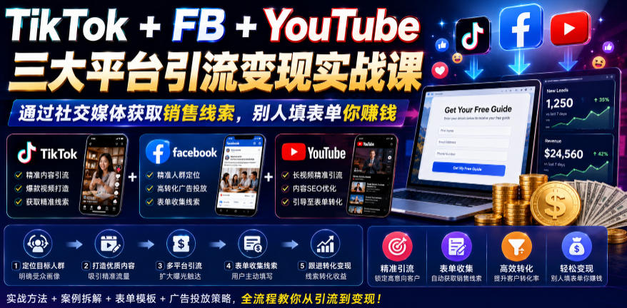 TikTok+FB+YouTube三大平台引流变现实战课,通过社交媒体获取销售线索,别人填表单你賺钱【原创双语字幕】-迦哆网创社
