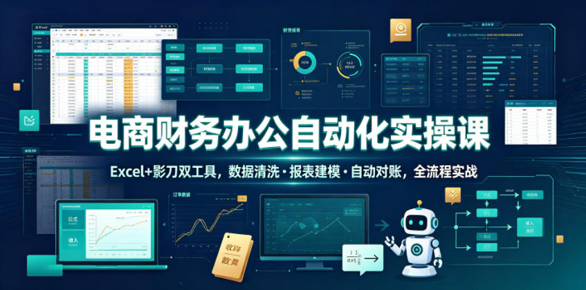 电商财务办公自动化实操课,Excel+影刀双工具,数据清洗・报表建模・自动对账,全流程实战-迦哆网创社