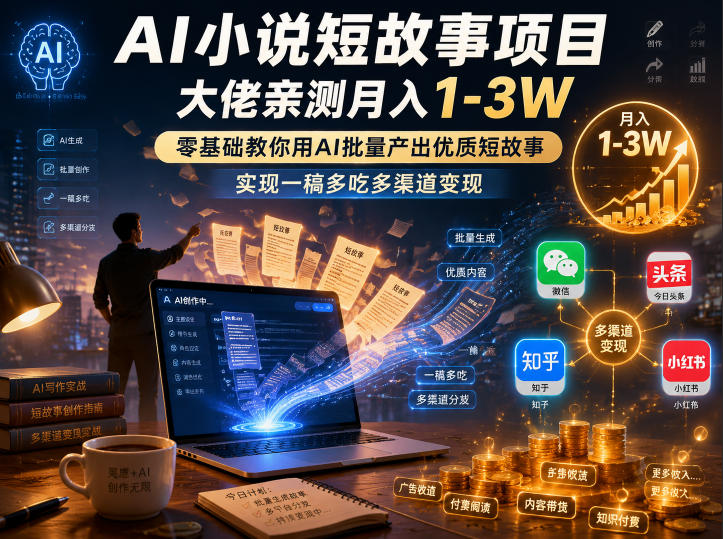 AI小说短故事项目，大佬亲测月入1-3W，零基础教你用AI批量产出优质短故事，实现一稿多吃多渠道变现(更新0624)-迦哆网创社