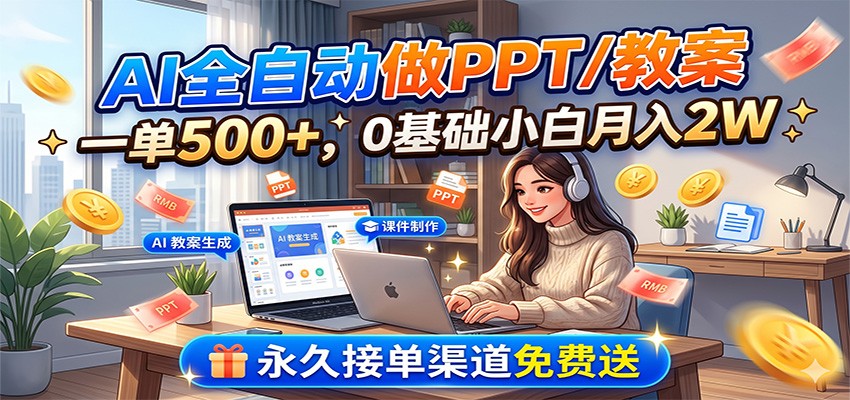 AI全自动做PPT/教案，一单500+，0基础小白月入2W，永久接单渠道免费送-迦哆网创社