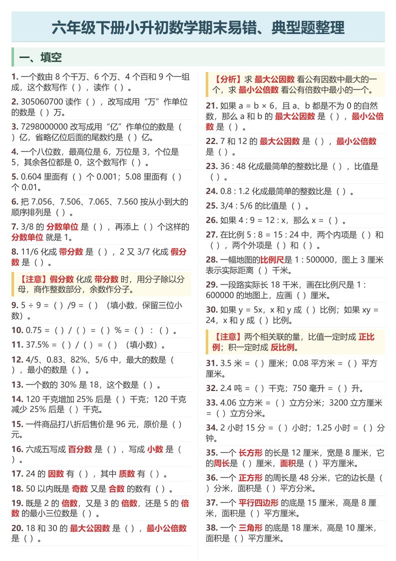 六年级下数学期末常考易错、典型题整理-迦哆网创社
