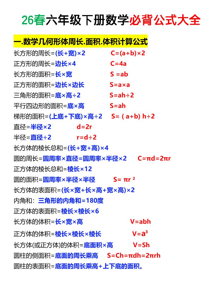 26春六年级下数学期末必背公式大全-迦哆网创社
