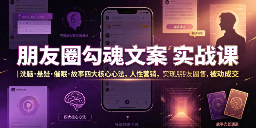 朋友圈勾魂文案实战课｜洗脑·悬疑·催眠·故事四大核心心法，吃透人性营销，实现朋友圈不销而售被动成交-迦哆网创社