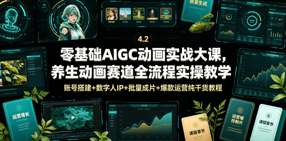 零基础AIGC动画实战大课，养生动画赛道全流程实操教学，账号搭建+数字人IP+批量成片+爆款运营纯干货教程-迦哆网创社