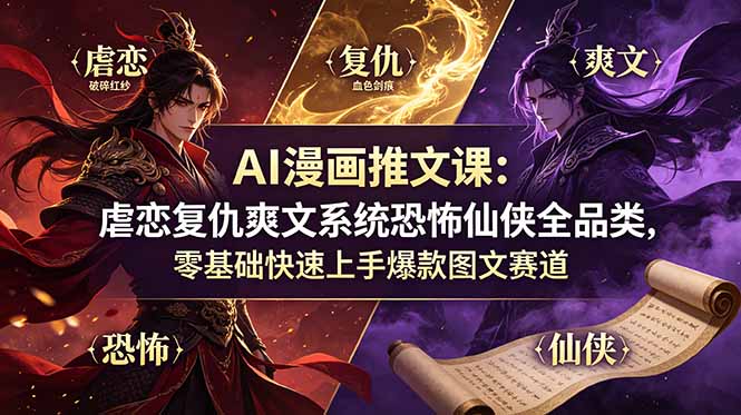 AI漫画推文课：虐恋复仇爽文系统恐怖仙侠全品类，零基础快速上手爆款图文赛道-迦哆网创社