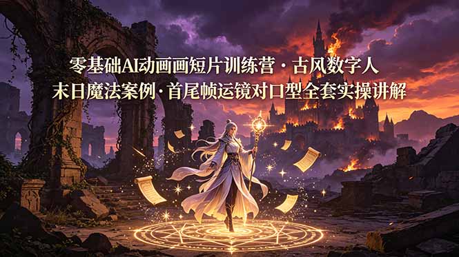 零基础AI动画短片训练营，古风数字人末日魔法案例，首尾帧运镜对口型全套实操讲解-迦哆网创社
