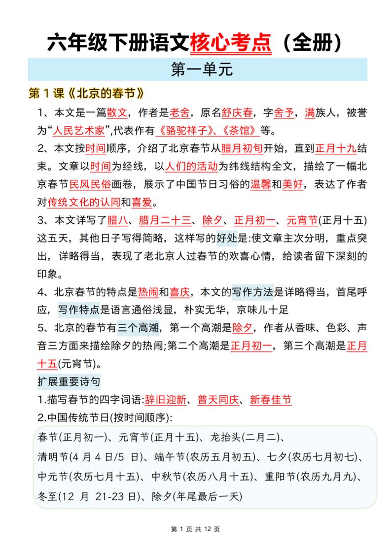 六年级下语文期末全册课文核心考点-迦哆网创社