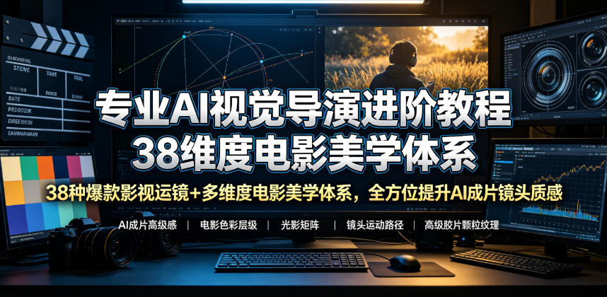 专业AI视觉导演进阶教程，38种爆款影视运镜+多维度电影美学体系，全方位提升AI成片高级感与镜头质感-迦哆网创社