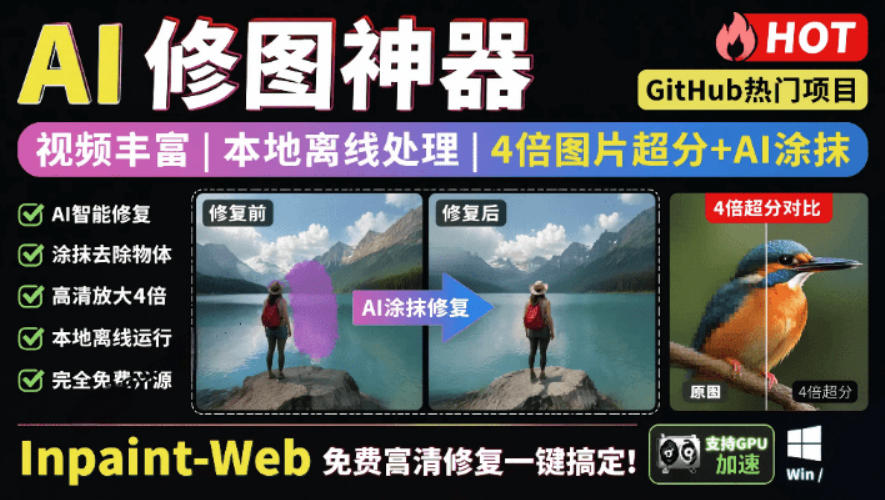 本地离线处理，4倍图片超分+AI涂抹去水印！Github上热门神器，免费高清修复图一键搞定！Inpaint-Web-迦哆网创社