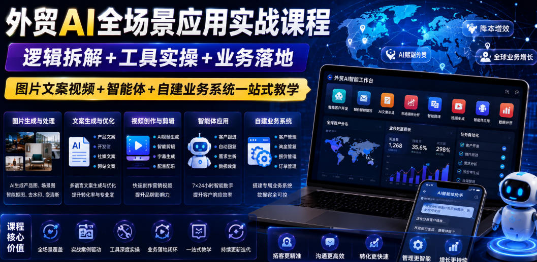 外贸AI全场景应用实战课程｜逻辑拆解+工具实操+业务落地，图片文案视频+智能体+自建业务系统一站式教学-迦哆网创社