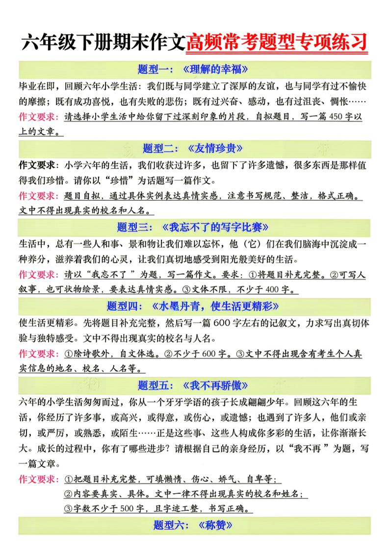 26新六年级下册语文期末作文高频常考题型专项练习-迦哆网创社