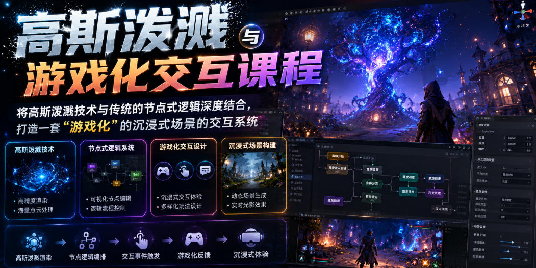 高斯泼溅与游戏化交互课程，将高斯泼溅技术与传统的节点式逻辑深度结合，打造一套“游戏化”的沉浸式场景的交互系统-迦哆网创社