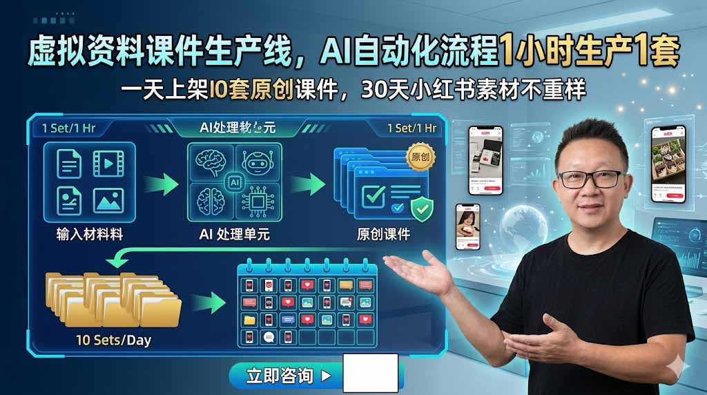 虚拟资料课件生产线，AI自动化流程1小时生产1套，一天上架10套原创课件，30天小红书素材不重样-迦哆网创社