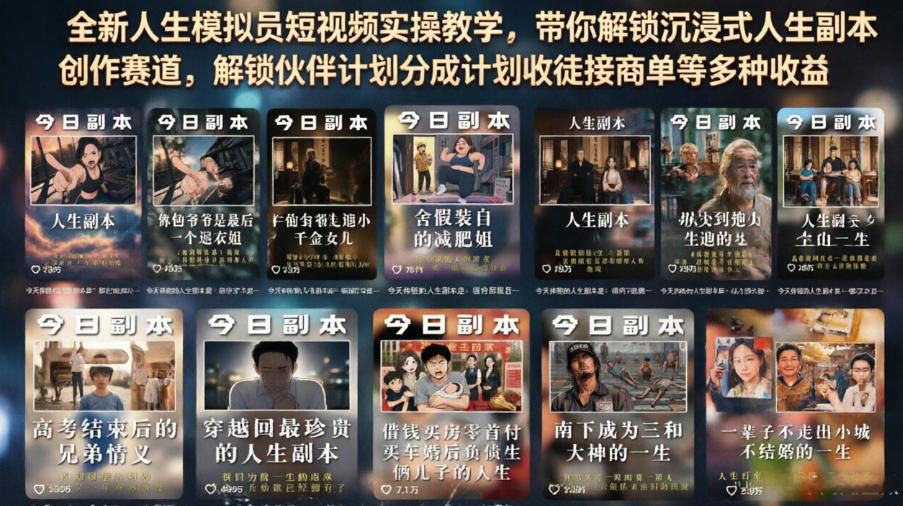 全新人生模拟员短视频实操教学，带你解锁沉浸式人生副本创作赛道，解锁伙伴计划分成计划收徒接商单等多种收益-迦哆网创社