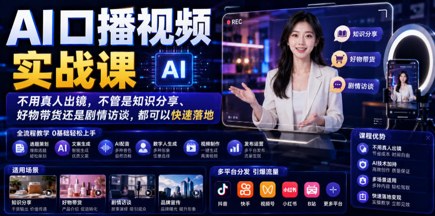 AI口播视频实战课，不用真人出镜，不管是知识分享、好物带货还是剧情访谈，都可以快速落地-迦哆网创社
