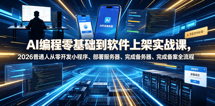 AI编程零基础到软件上架实战课,2026普通人从零开发小程序、部署服务器、完成备案全流程项目落地教程-迦哆网创社