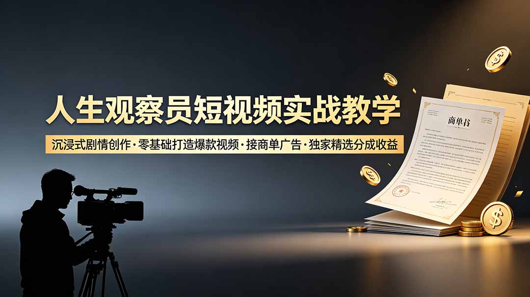 人生观察员短视频实战教学，沉浸式剧情创作，零基础打造爆款视频，接商单广告，独家精选分成收益-迦哆网创社