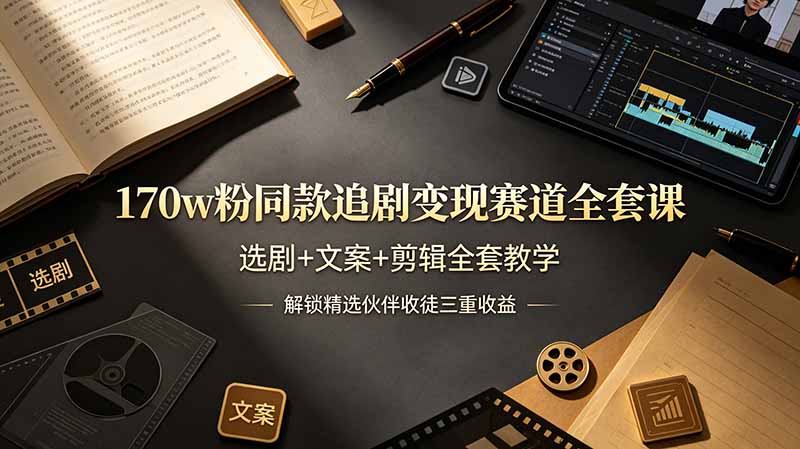 170w粉博主同款追剧变现赛道全套课，选剧+文案+剪辑全套教学，解锁精选伙伴收徒三重收益-迦哆网创社