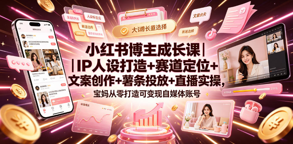 小红书博主成长课｜IP人设打造+赛道定位+文案创作+薯条投放+直播实操，宝妈从零打造可变现自媒体账号-迦哆网创社