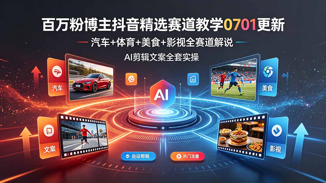 百万粉博主抖音精选赛道教学-0701更新,汽车+体育+美食+影视全赛道解说,AI剪辑文案全套实操-迦哆网创社