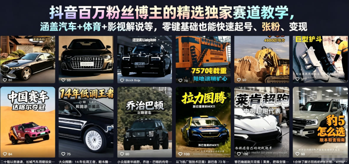 抖音百万粉丝博主的精选独家赛道教学，涵盖汽车+体育+影视解说等，零基础也能快速起号、涨粉、变现(更新0701)-迦哆网创社