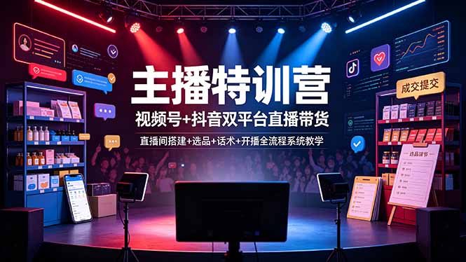 主播特训营:视频号+抖音双平台直播带货,直播间搭建+选品+话术+开播全流程系统教学-迦哆网创社