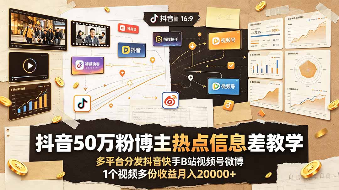 抖音50万粉博主热点信息差教学:多平台分发抖音快手B站视频号微博,1个视频多份收益月入20000+-迦哆网创社