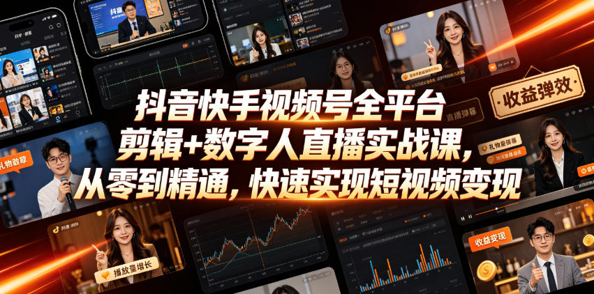 抖音快手视频号全平台剪辑+数字人直播实战课,从零到精通,快速实现短视频变现(更新2026年6月)-迦哆网创社