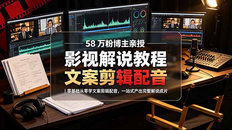 58 万粉博主荧幕春秋亲授影视解说教程|零基础从零学文案剪辑配音,一站式产出完整解说成片-迦哆网创社