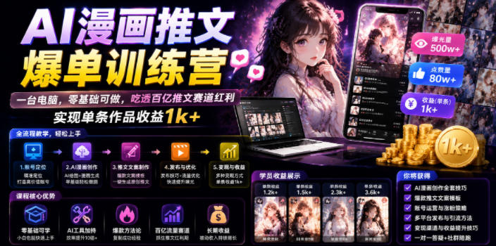 AI漫画推文爆单训练营，一台电脑，零基础可做，吃透百亿推文赛道红利，实现单条作品收益1k+-迦哆网创社